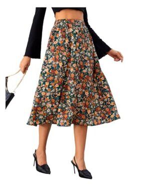 Boho Floral High Waist Flowy Midi Skirt with Elastic Waist